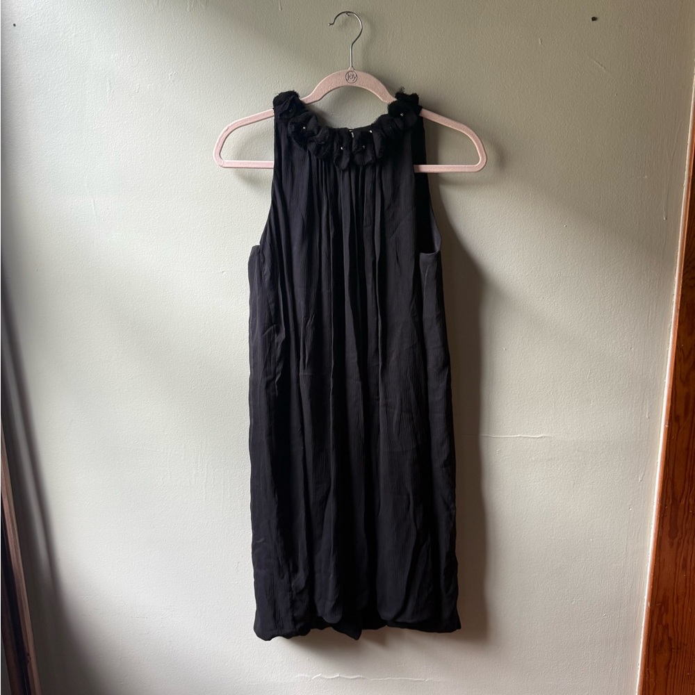 Adam Lippes Black Sheer Ruffled High Collar Sleevless Cocktail Dress Size 12